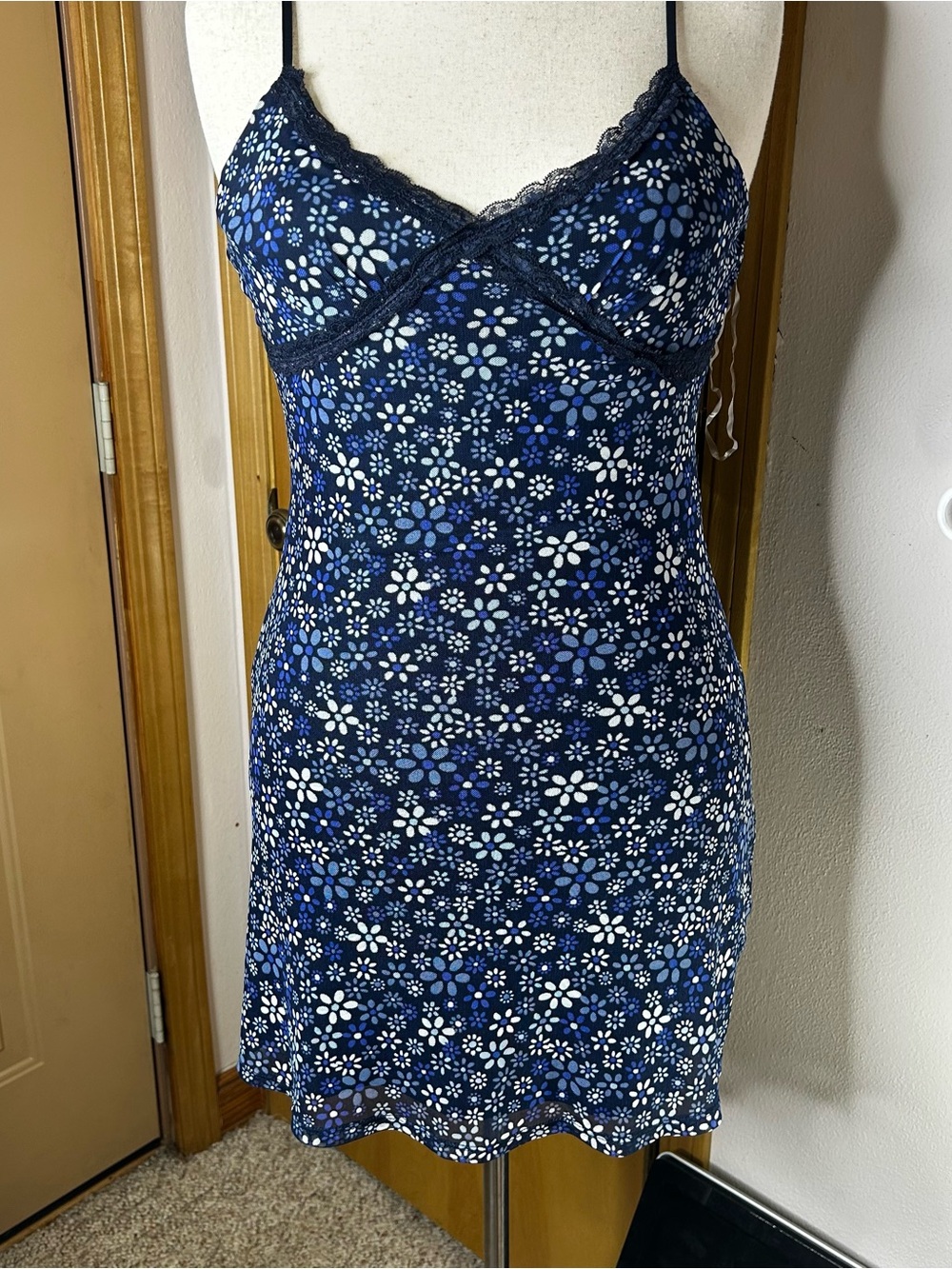 No Boundaries Y2K Navy Floral Lace-Trim Slip Chemise